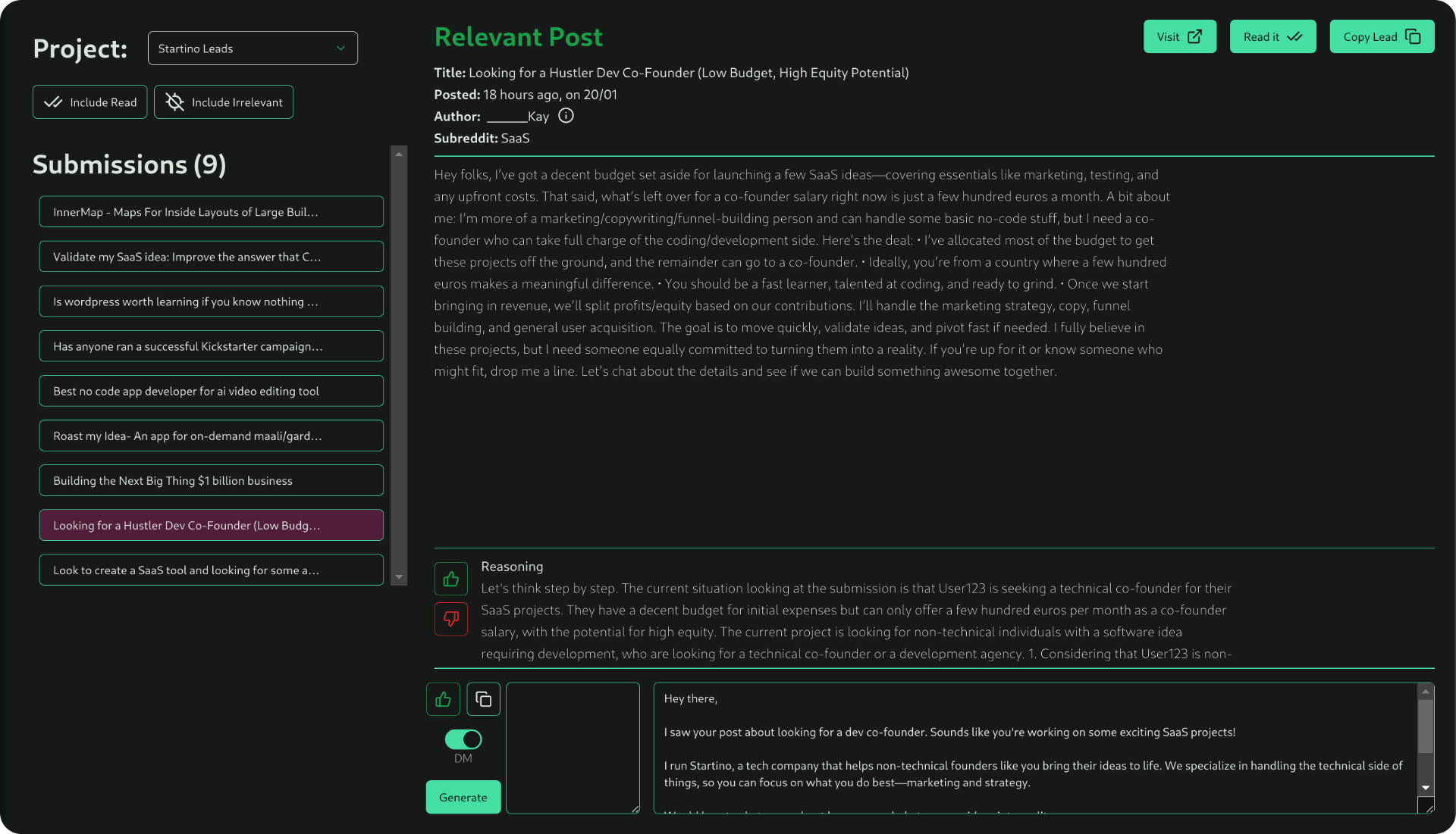 Reletino Dashboard showing real-time Reddit lead monitoring with project submissions, relevant post details, and AI-powered filtering interface