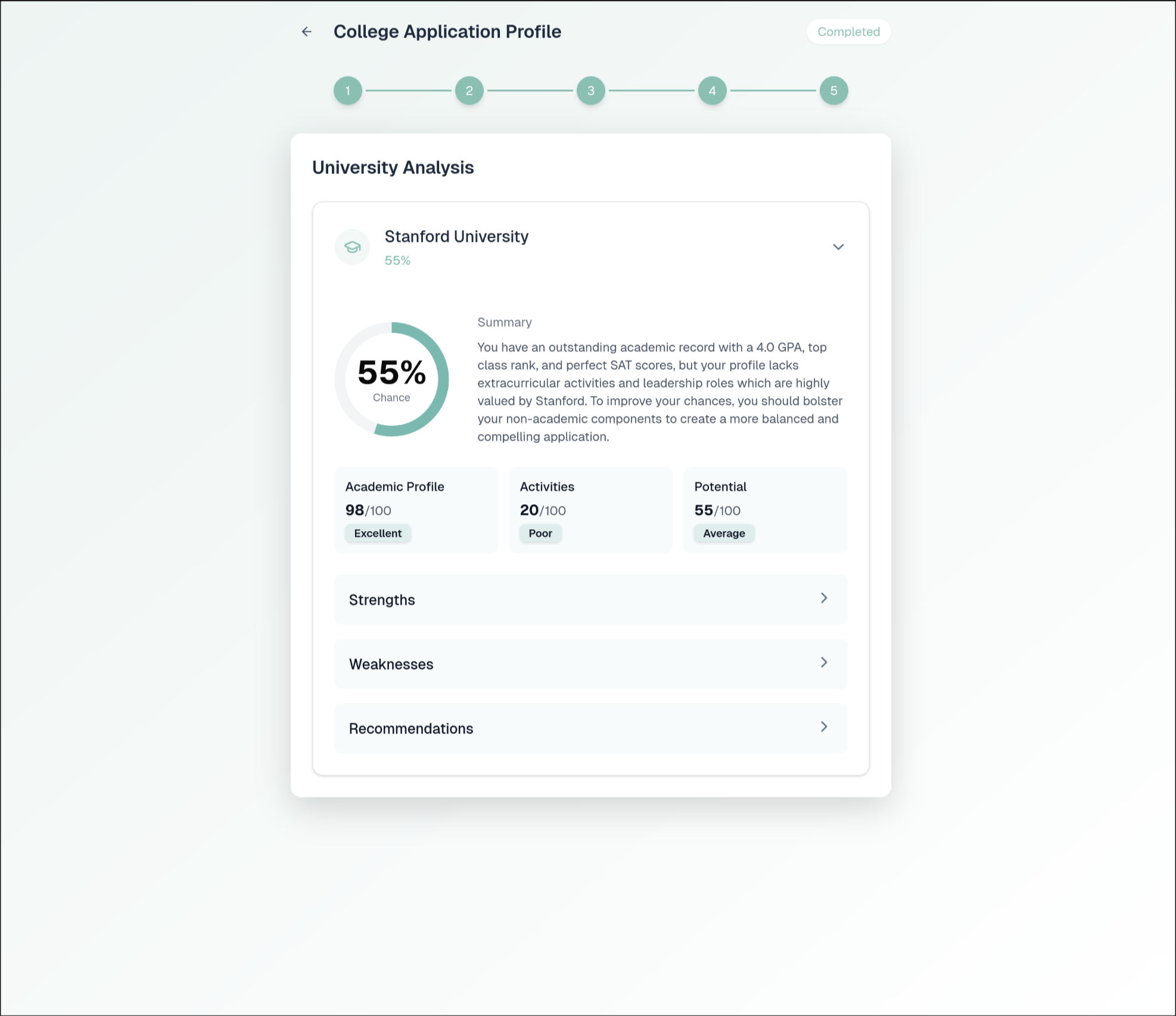 MyChance.ai university analysis interface showing Stanford University acceptance chances and profile breakdown