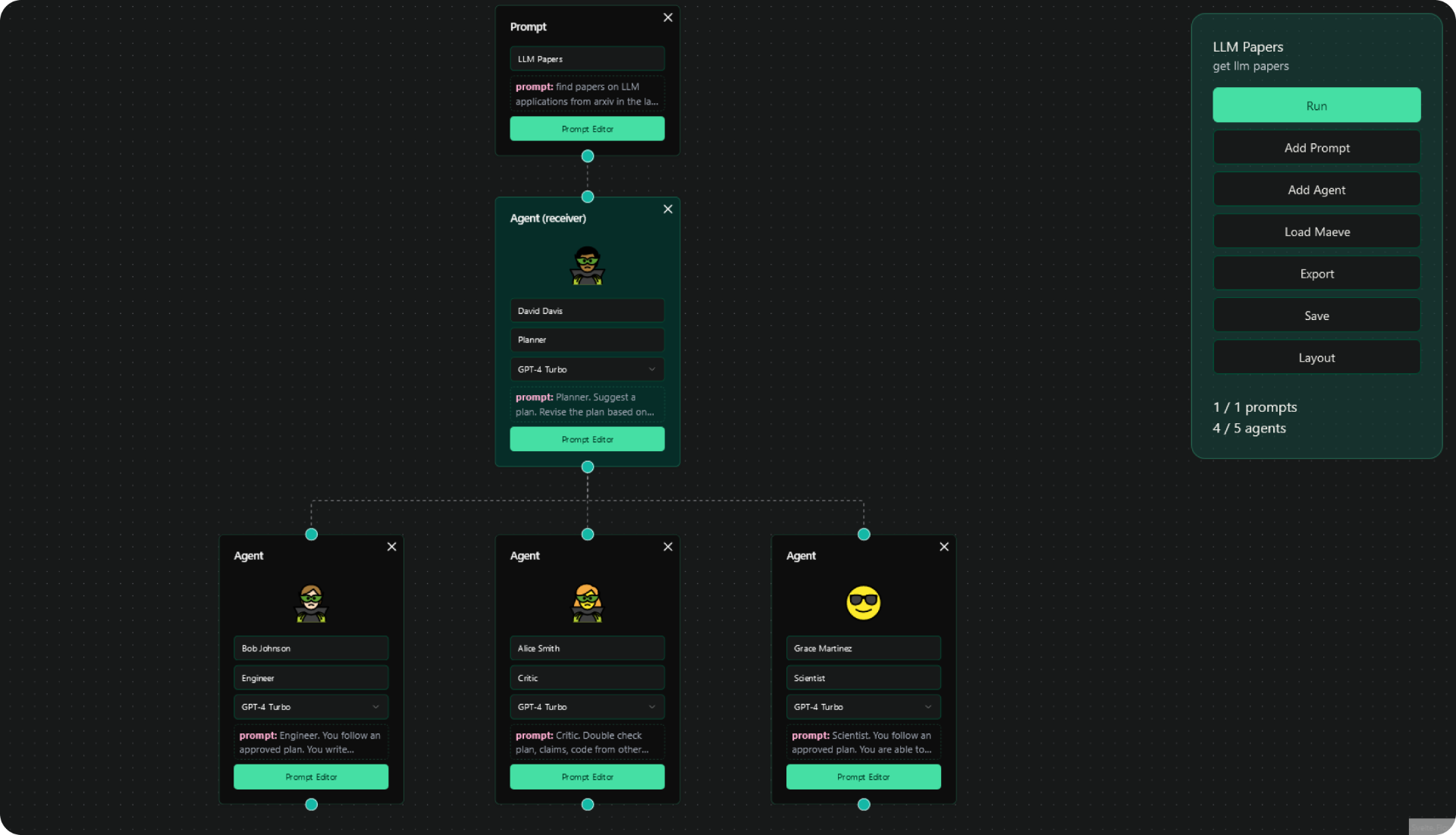 Aitino interface showing multi-agent workflow builder with connected agents including LLM Papers prompt, Agent receiver, and multiple specialized agents like Engineer, Critic, and Scientist with their respective prompts and connections